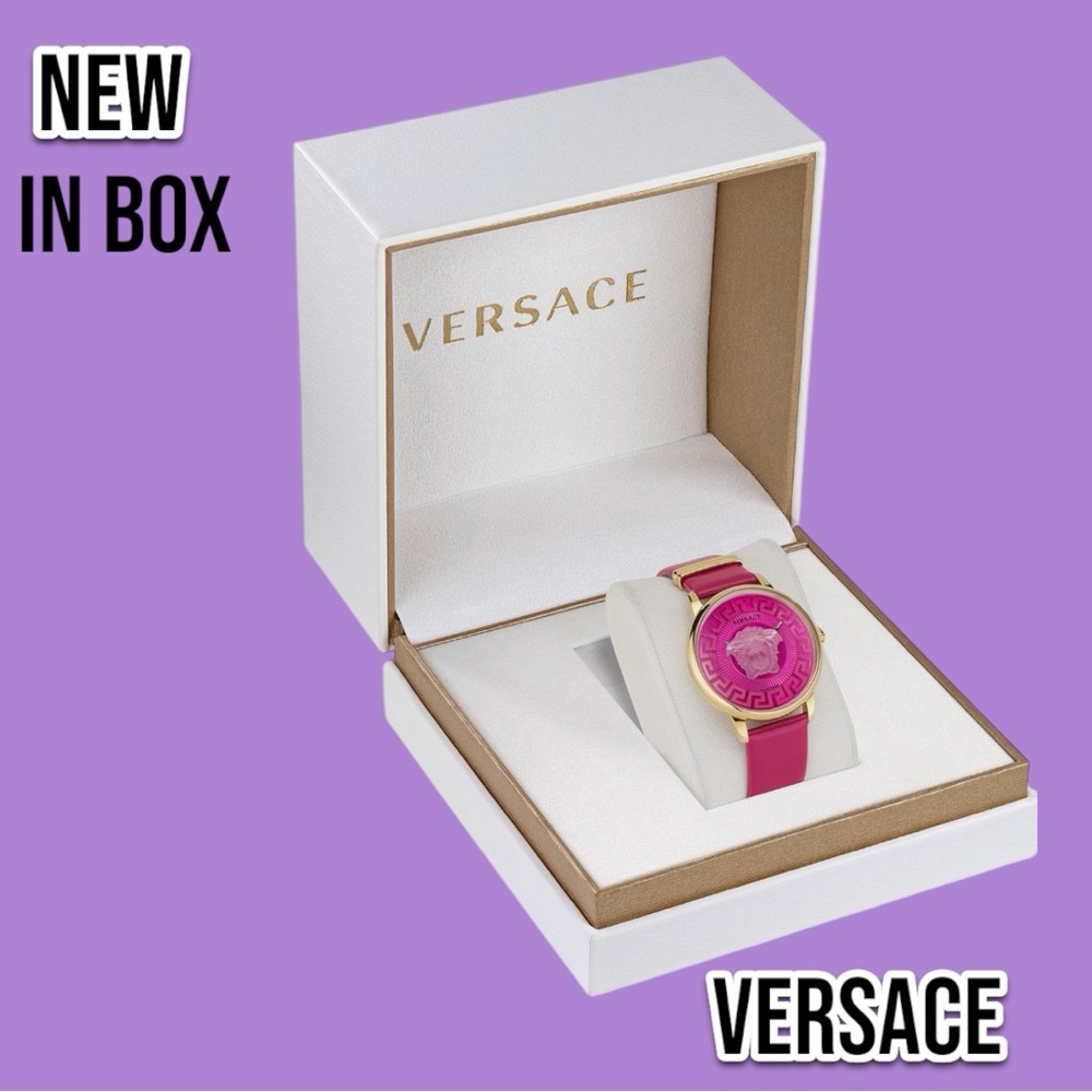NEW Versace Medusa Alchemy Leather Strap Watch, 38mm Pink/ Ip Yellow Gold